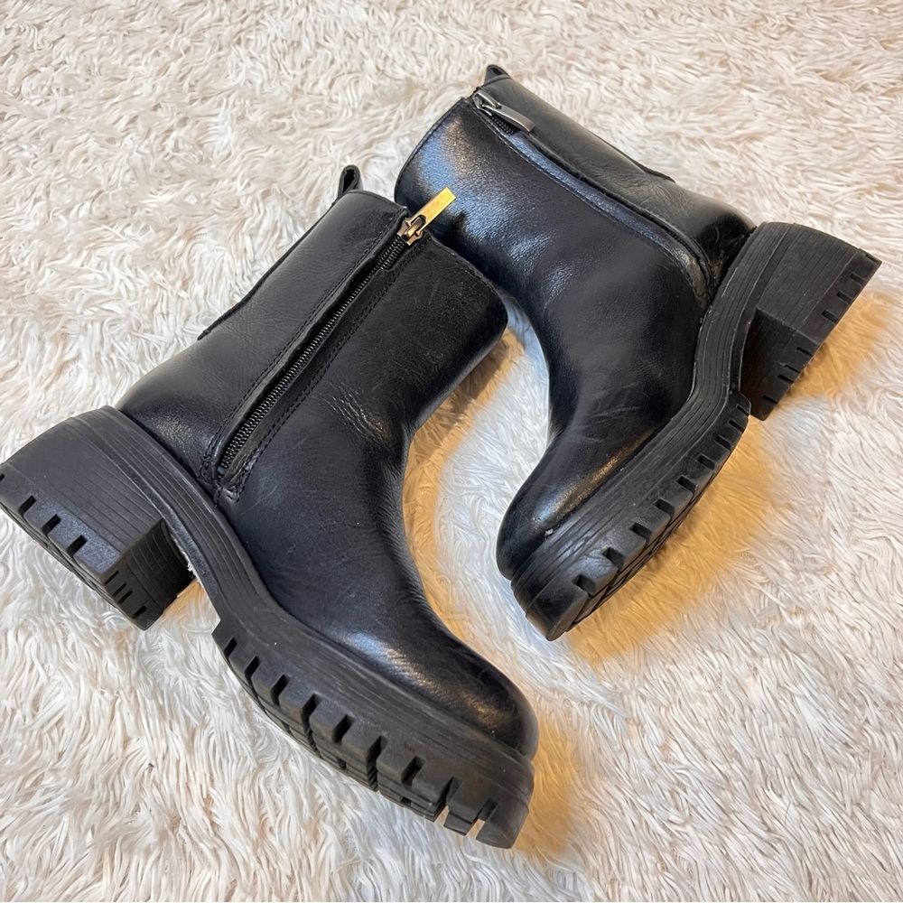 Franco Sarto black leather chunky buckle lug sole Jersey boots - Picture 3 of 9
